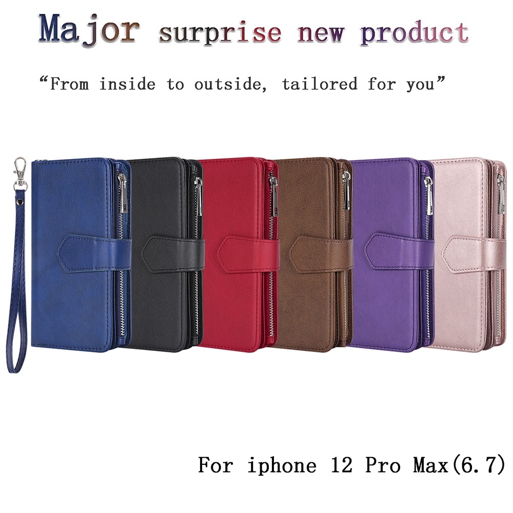 Detachable 2 in 1 Leather Phone Case with Zippered Wallet for iPhone 12 Pro Max - Black-14
