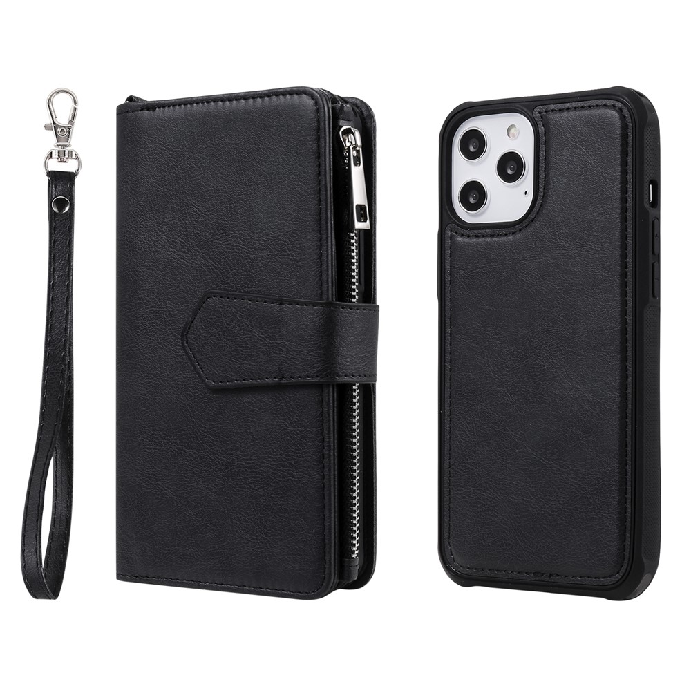 KT Multi-fonctional Series-4 Détachable 2 en 1 Étui de Téléphone en Cuir Avec Portefeuille à Fermeture Éclair Pour Iphone 12 Pro Max - le Noir