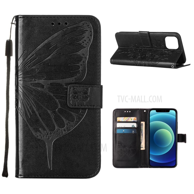 Imprint Butterfly Wallet Stand Leather Case for iPhone 12 / iPhone 12 Pro - Black-1