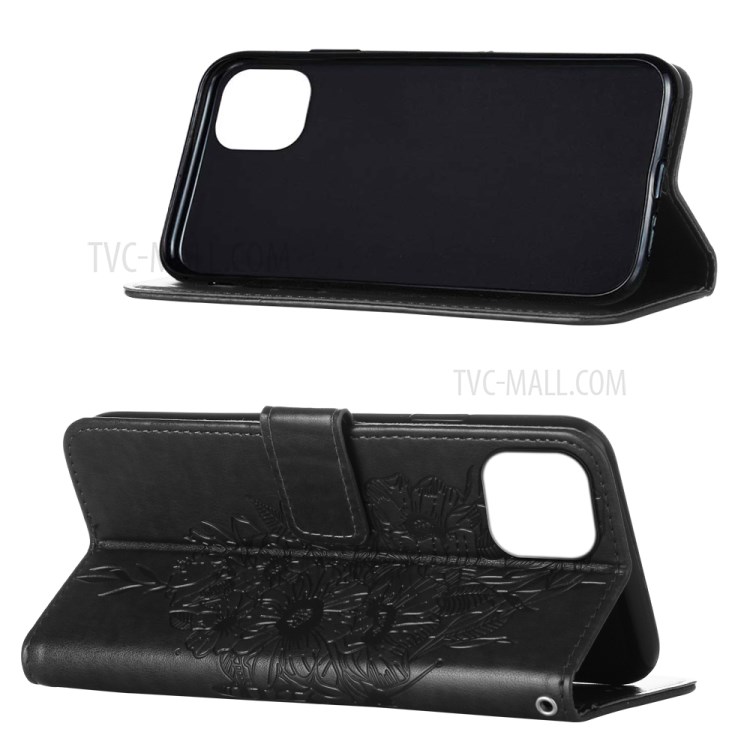 Imprint Butterfly Wallet Stand Leather Case for iPhone 12 Pro Max - Black-4