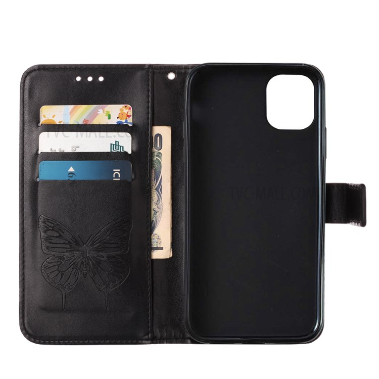 Imprint Butterfly Wallet Stand Leather Case for iPhone 12 Pro Max - Black-7