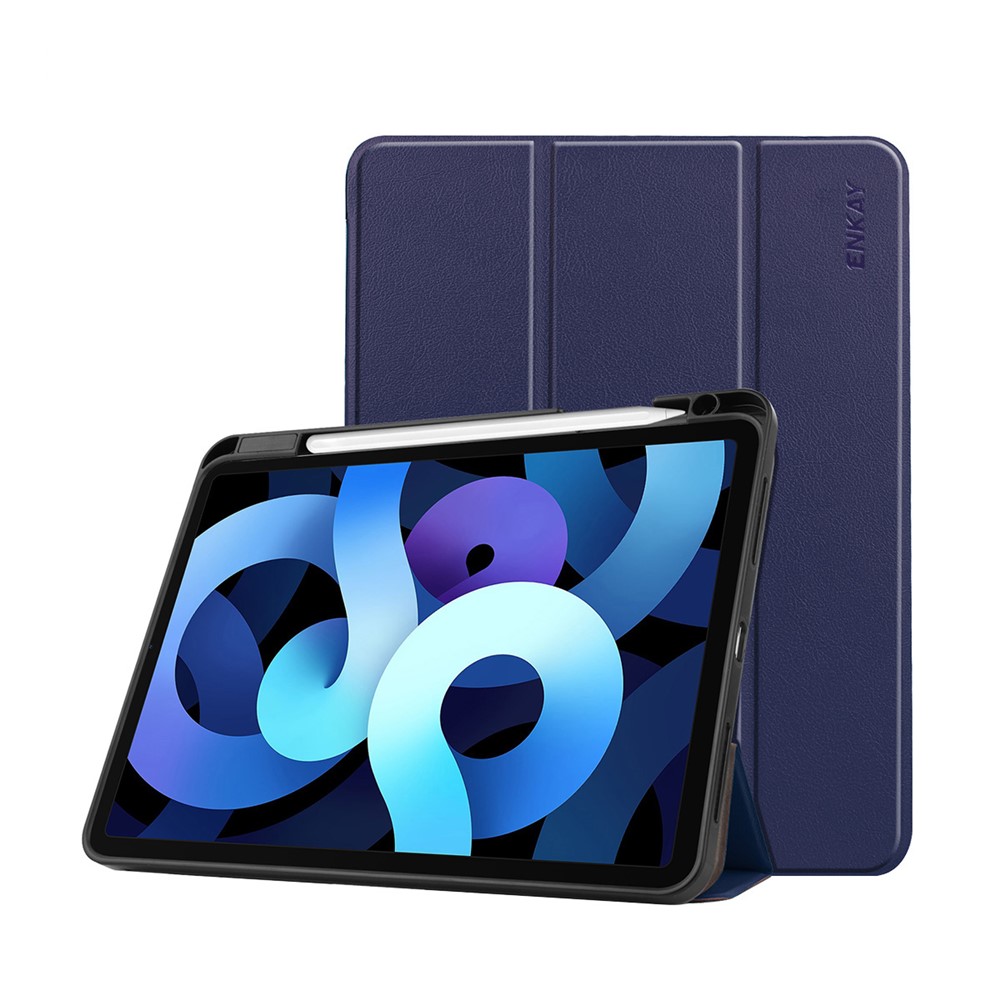 ENKAY HAT PRINCE ENK-8015 Tri-fold Stand PU Leather Smart Cover with Pen Slot for iPad Air (2020)/Air (2022)/iPad Pro 11 2018 - Dark Blue