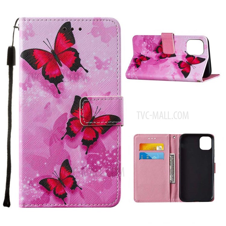 Pattern Printing Leather Phone Wallet Stand Cover Case for iPhone 12 mini - Red Butterfly-1