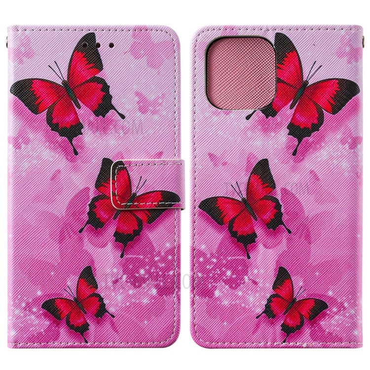 Pattern Printing Leather Phone Wallet Stand Cover Case for iPhone 12 mini - Red Butterfly-3