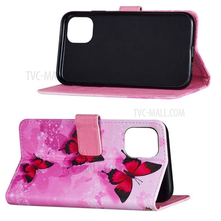 Pattern Printing Leather Phone Wallet Stand Cover Case for iPhone 12 mini - Red Butterfly-4