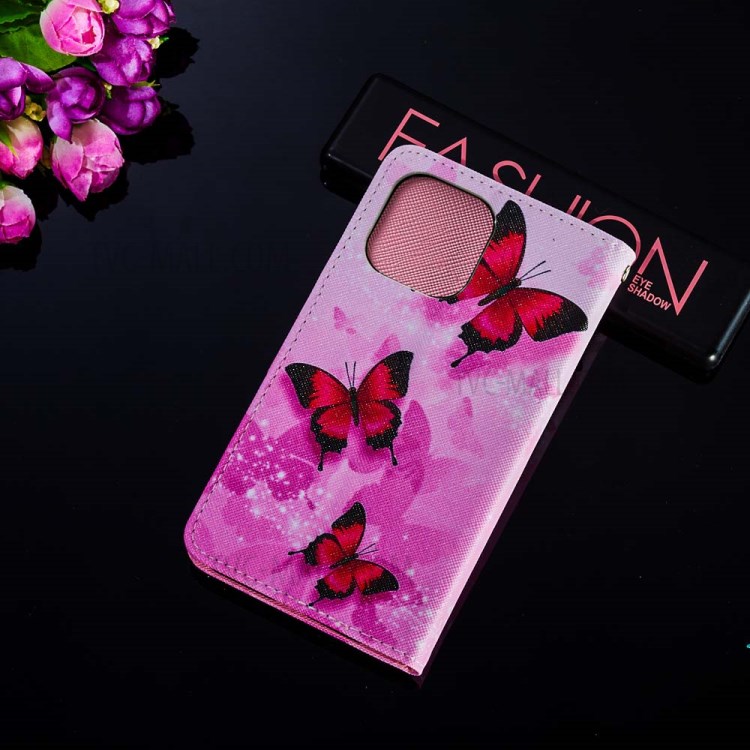 Pattern Printing Leather Phone Wallet Stand Cover Case for iPhone 12 mini - Red Butterfly-8
