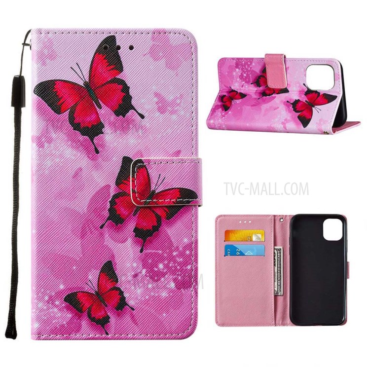 Leather Pattern Printing Phone Stand Cover Case for iPhone 12 Pro Max - Red Butterfly-1