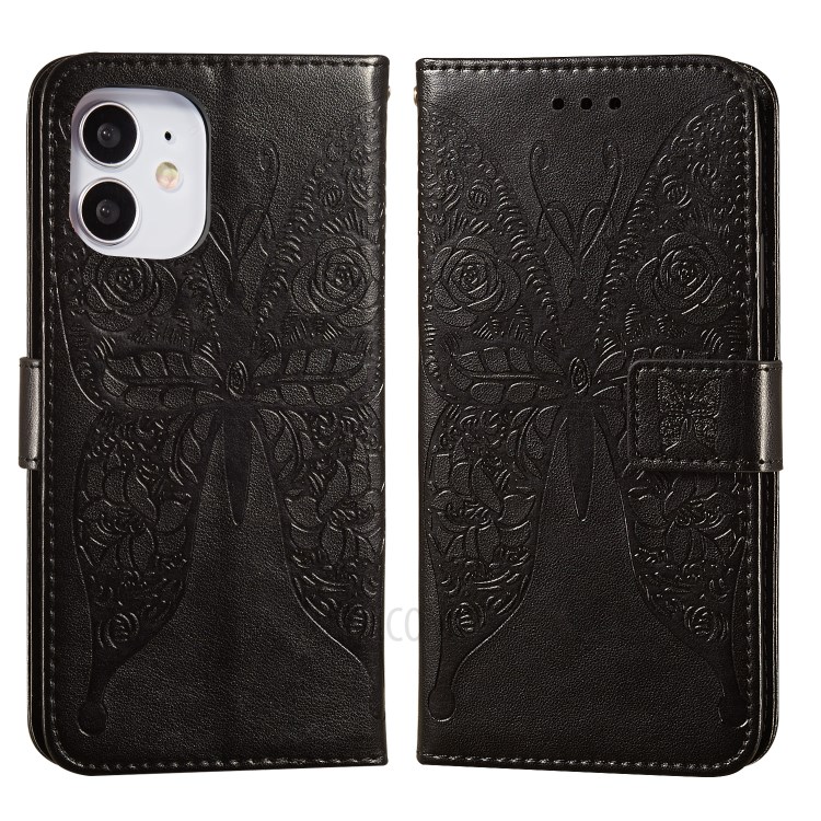 Imprint Butterfly Wallet Stand Leather Cell Phone Shell for iPhone 12 mini - Black-2