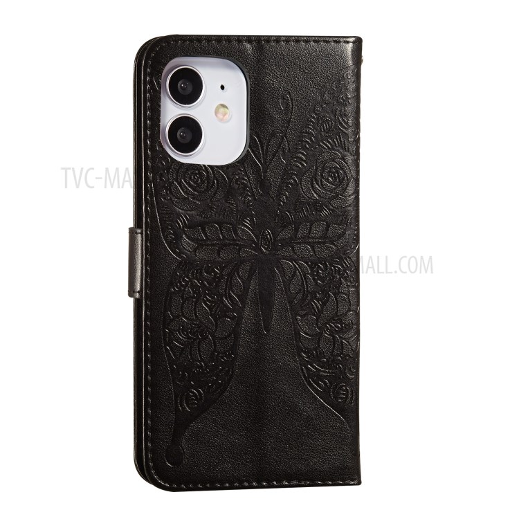 Imprint Butterfly Wallet Stand Leather Cell Phone Shell for iPhone 12 mini - Black-4