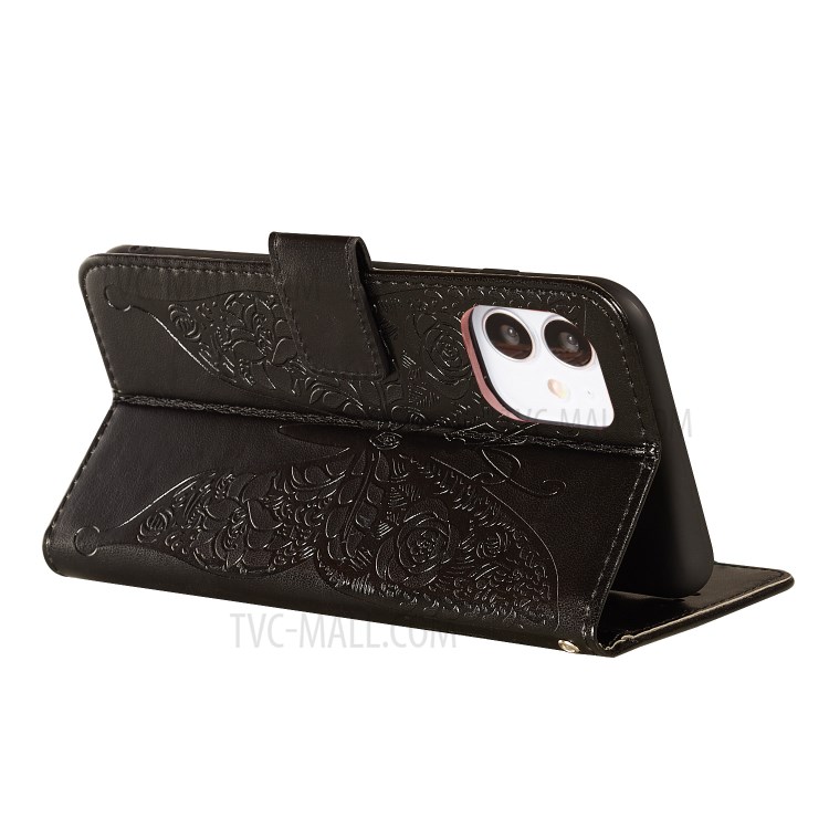 Imprint Butterfly Wallet Stand Leather Cell Phone Shell for iPhone 12 mini - Black-6