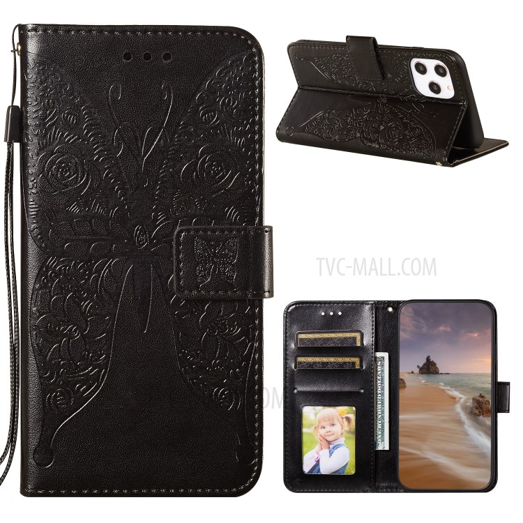 Butterfly Imprinting PU Leather Phone Wallet Stand Cover Shell for iPhone 12/12 Pro - Black-1
