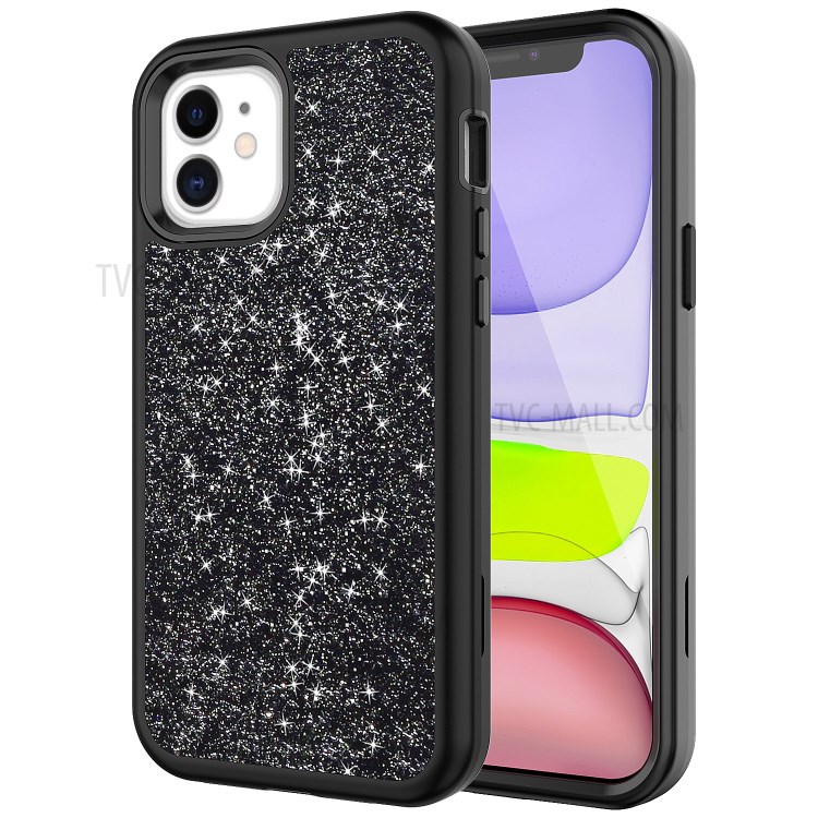 Drop-proof Gleaming Powder Coated PC + TPU Phone Cover Case for iPhone 12 mini - Black-1