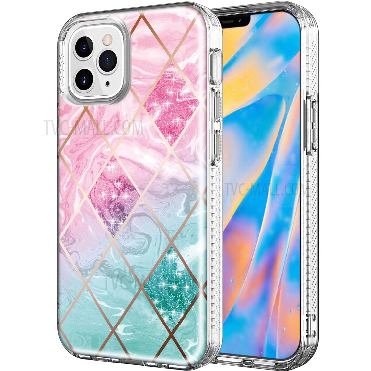 TPU Electroplating Phone Cover Case with Pattern Printing for iPhone 12/12 Pro - Pink/Green Geometry-1