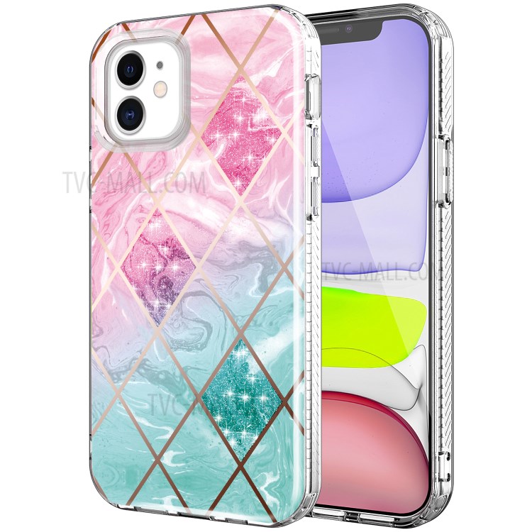 Pattern Printing Electroplating Phone Cover Case for iPhone 12 mini - Pink/Green Geometry-1