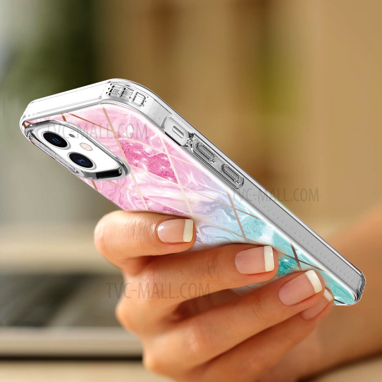 Pattern Printing Electroplating Phone Cover Case for iPhone 12 mini - Pink/Green Geometry-5