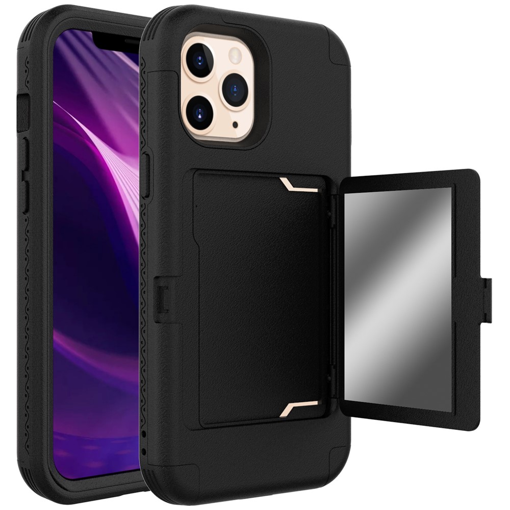 Shockproof PC+TPU Protective Cover with Card Holder and Hidden Mirror for iPhone 12 Pro Max - Black-1