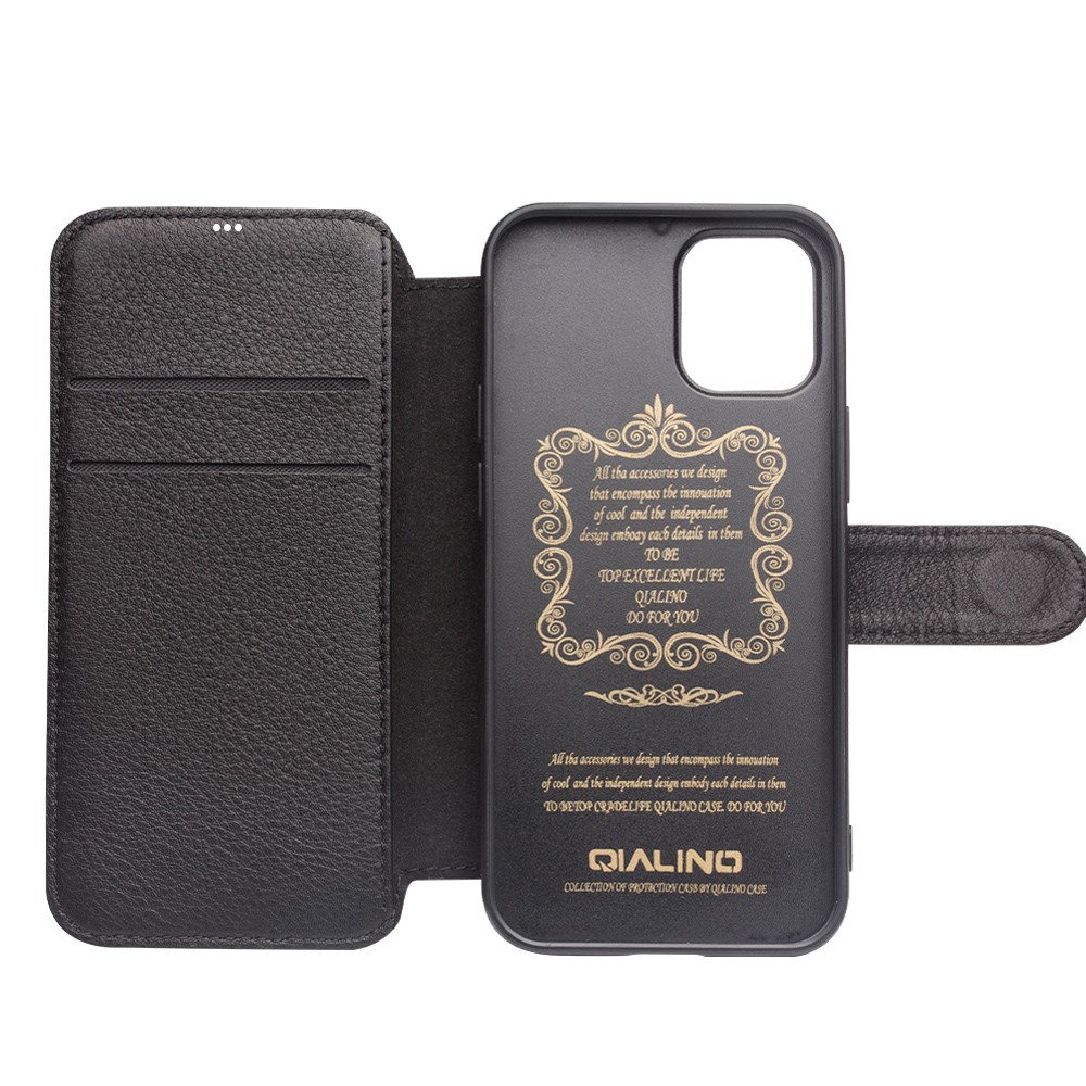 QIALINO Commercial Magnetic Clasp Top Cowhide Leather Case for iPhone 12 mini Cover - Black-4