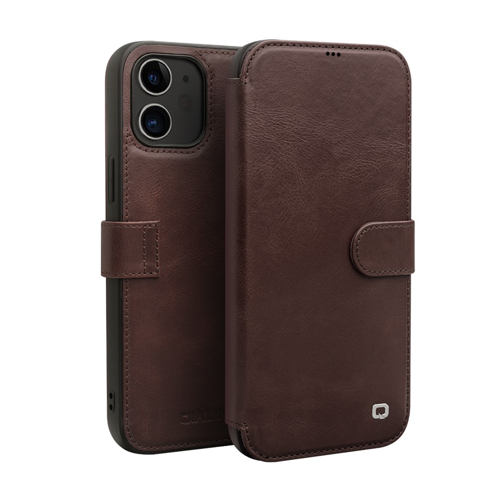 QIALINO Commercial Magnetic Clasp Top Cowhide Leather Case for iPhone 12 mini Cover - Dark Brown