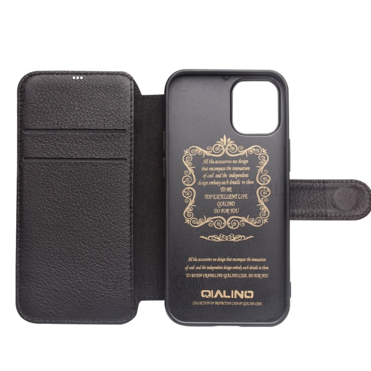 QIALINO Commercial Magnetic Clasp Top Cowhide Leather Shell for iPhone 12 Pro/12 Cover - Black-4