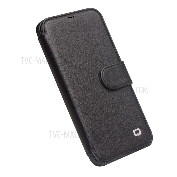 QIALINO Commercial Magnetic Clasp Top Cowhide Leather Shell for iPhone 12 Pro/12 Cover - Black-5