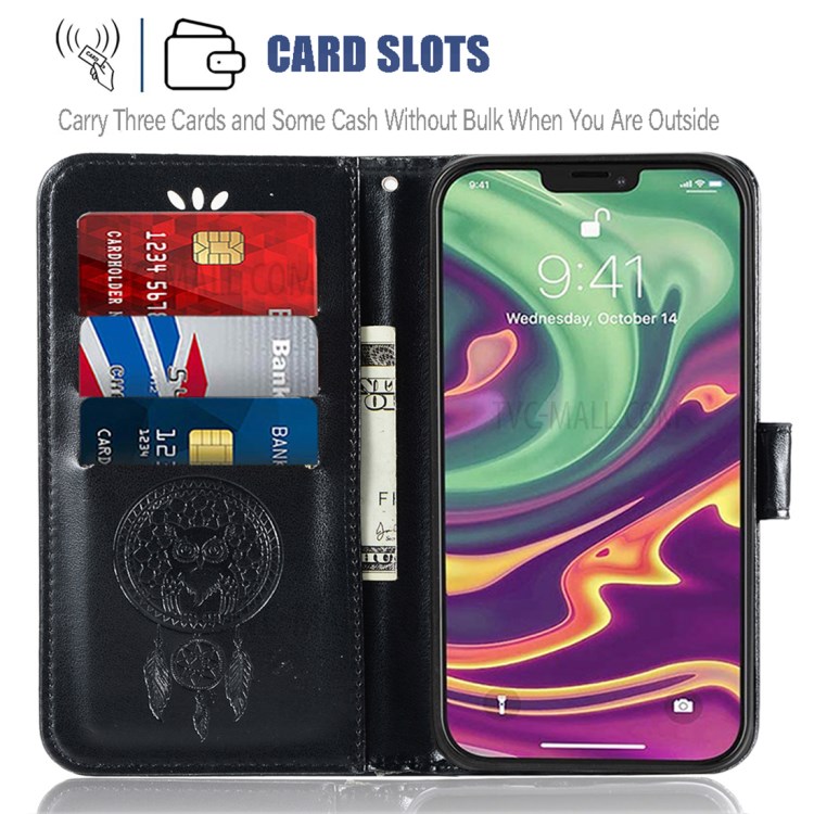 Imprinted Dream Catcher Owl Leather Wallet Case for iPhone 12 Pro / 12 6.1 inch - Black-7