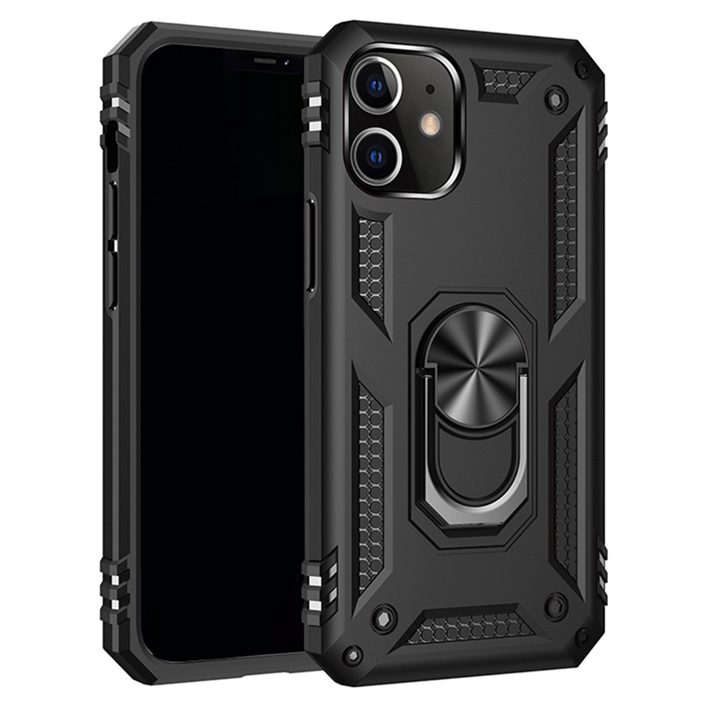Armor Shockproof Phone Shell PC TPU Hybrid Case with Kickstand for iPhone 12 mini - Black