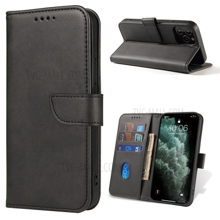 Skin-Touched Magnetic Buckle Wallet Leather Phone Case for iPhone 12/12 Pro - Black-1