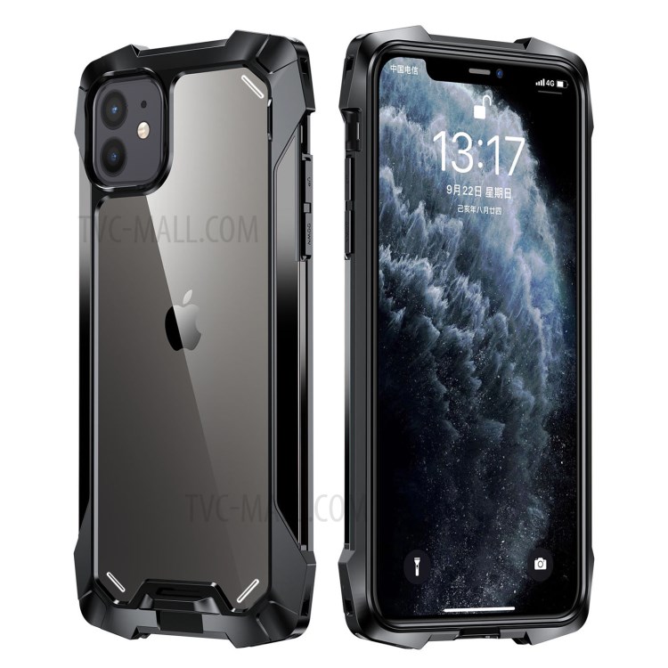 R-JUST Acrylic Back + TPU + Metal Shockproof Cover for iPhone 12 mini - Black-1