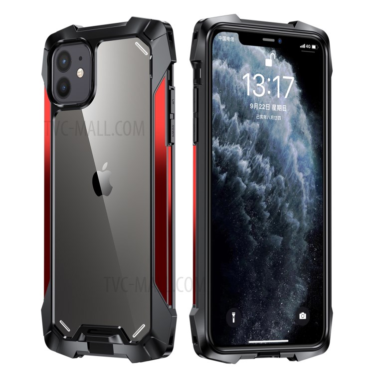 R-JUST Acrylic Back + TPU + Metal Shockproof Cover for iPhone 12 mini - Red-1