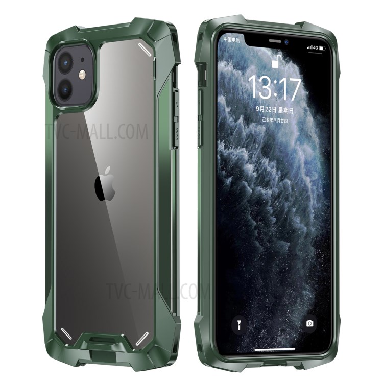 R-JUST Acrylic Back + TPU + Metal Shockproof Cover for iPhone 12 mini - Green-1
