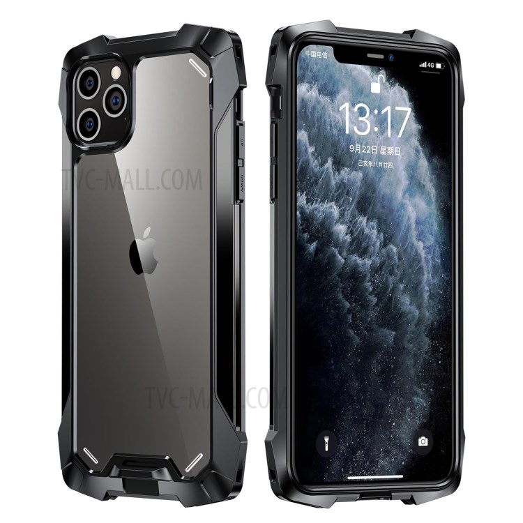 R-JUST Acrylic Back + TPU + Metal Shockproof Shell for iPhone 12 Pro/12 Case - Black-1