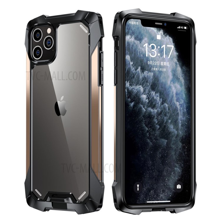 R-JUST Acrylic Back + TPU + Metal Shockproof Shell for iPhone 12 Pro/12 Case - Gold-1