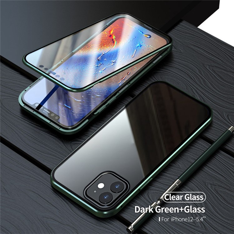 For iPhone 12 mini Magnetic Installation Metal Edge + Double-sided Tempered Glass Cover - Midnight Green-2