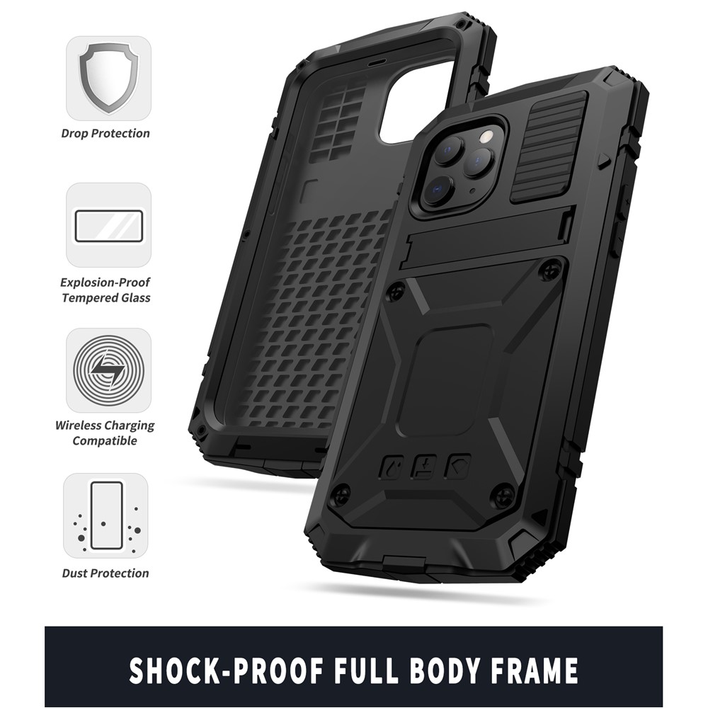 R-JUST Shockproof Dustproof Waterproof Protective Case for iPhone 12 Pro/12 Kickstand Shell - Black-3