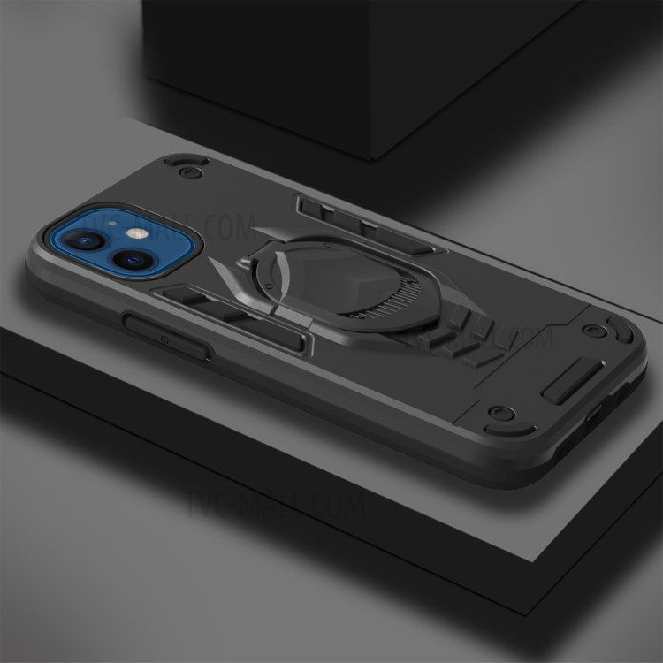 Shockproof PC + TPU Phone Case with Kickstand for iPhone 12 Mini - Black-4