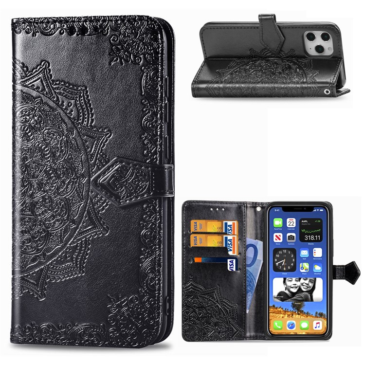 Embossed Mandala Flower Leather Wallet Stand Case for iPhone 12 Pro / iPhone 12 - Black-1