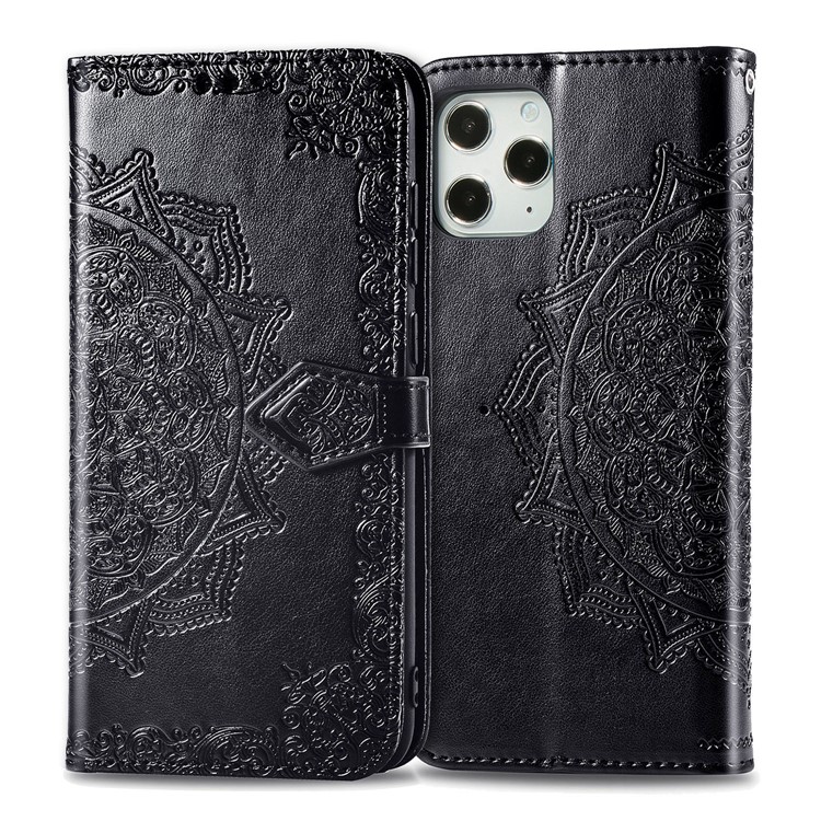 Embossed Mandala Flower Leather Wallet Stand Case for iPhone 12 Pro / iPhone 12 - Black-4