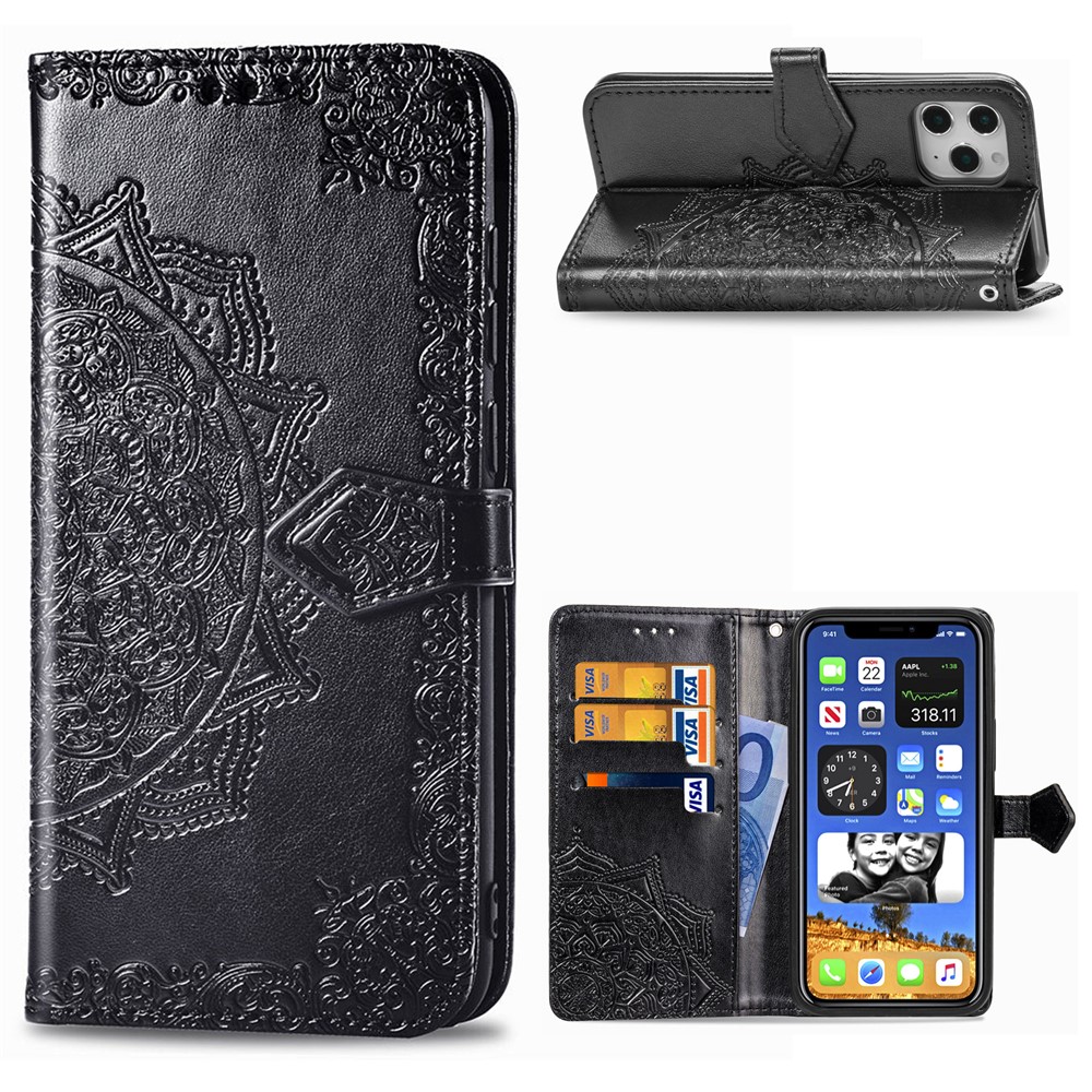 Embossed Mandala Flower Leather Wallet Stand Case for iPhone 12 Pro Max - Black-1