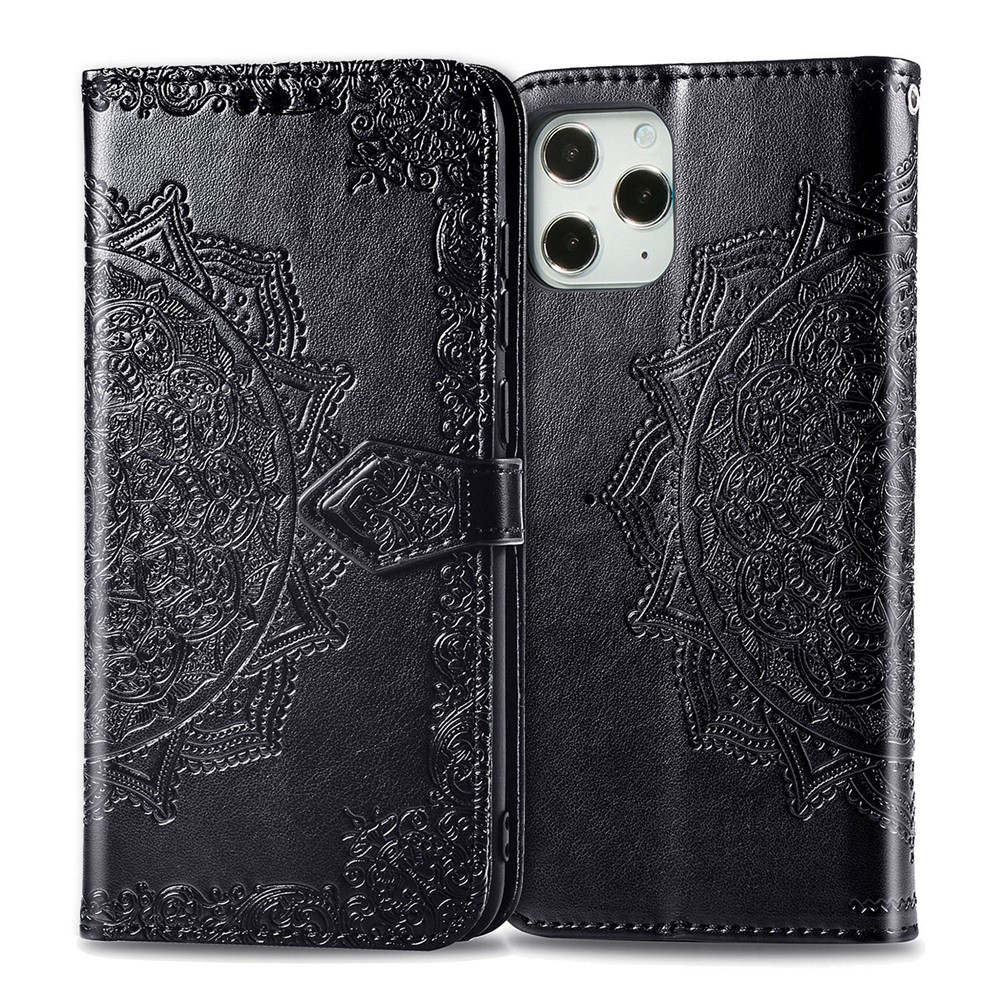 Embossed Mandala Flower Leather Wallet Stand Case for iPhone 12 Pro Max - Black-4