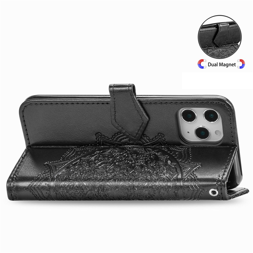 Embossed Mandala Flower Leather Wallet Stand Case for iPhone 12 Pro Max - Black-7