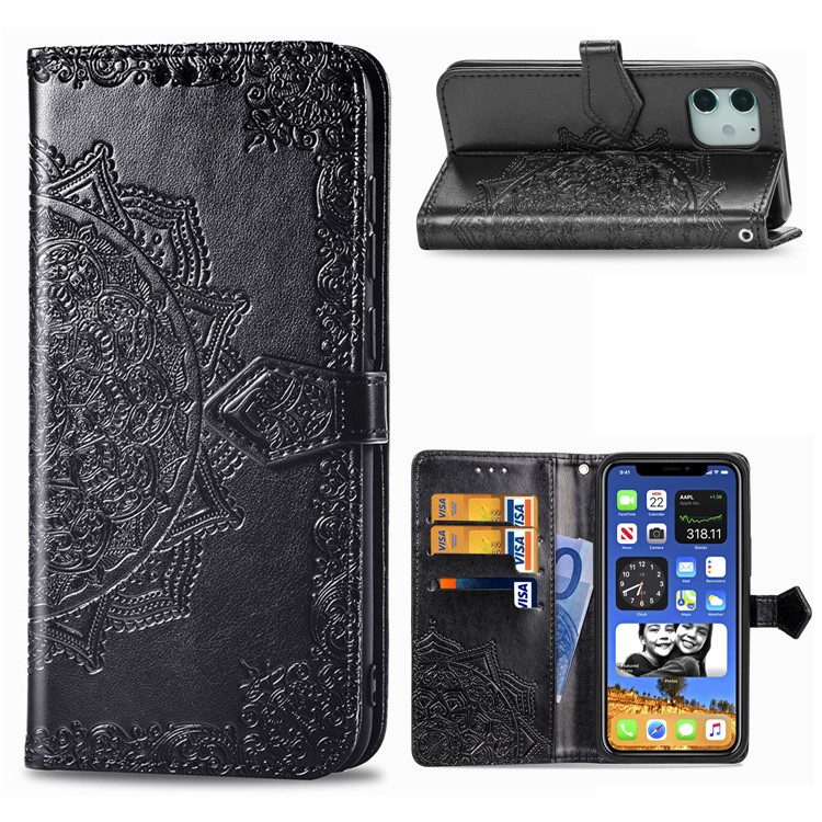 Embossed Mandala Flower Leather Wallet Stand Case for iPhone 12 Mini - Black-1