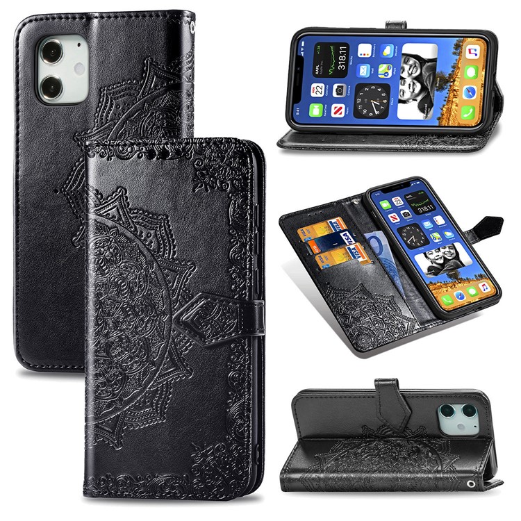 Embossed Mandala Flower Leather Wallet Stand Case for iPhone 12 Mini - Black-10