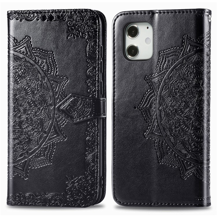 Embossed Mandala Flower Leather Wallet Stand Case for iPhone 12 Mini - Black-3