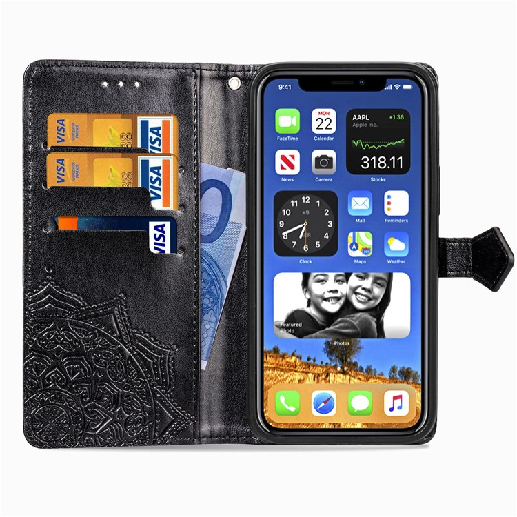 Embossed Mandala Flower Leather Wallet Stand Case for iPhone 12 Mini - Black-4