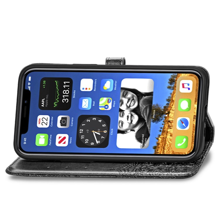 Embossed Mandala Flower Leather Wallet Stand Case for iPhone 12 Mini - Black-5