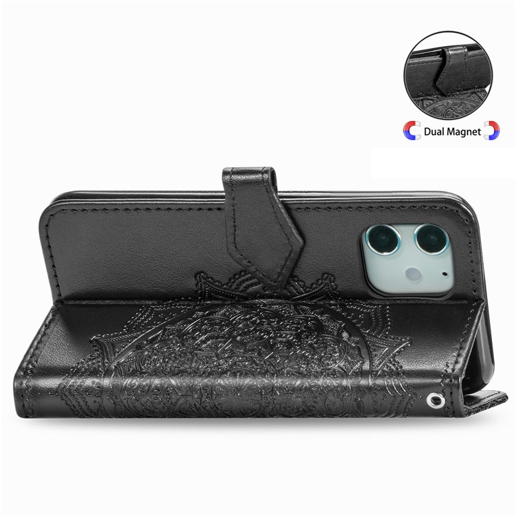 Embossed Mandala Flower Leather Wallet Stand Case for iPhone 12 Mini - Black-6