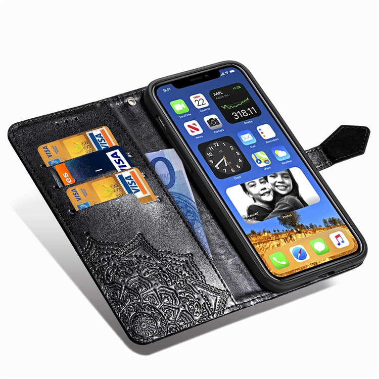 Embossed Mandala Flower Leather Wallet Stand Case for iPhone 12 Mini - Black-7