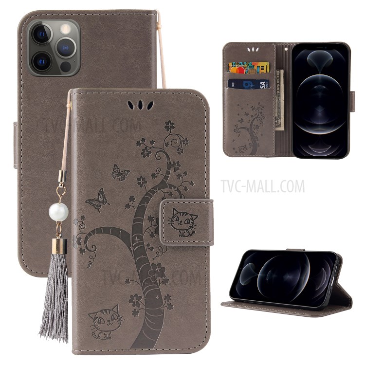 Imprint Lucky Tree Leather Flip Shell for iPhone 12/12 Pro Cover - Grey-1