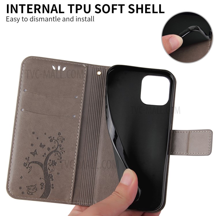 Imprint Lucky Tree Leather Phone Shell for iPhone 12 Pro Max Case - Grey-4