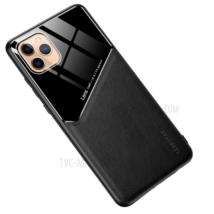 For iPhone 12 Pro / 12 6.1 inch Leather Coated Glass PC TPU Hybrid Cover with Built-in Magnetic Metal Sheet - Black-1